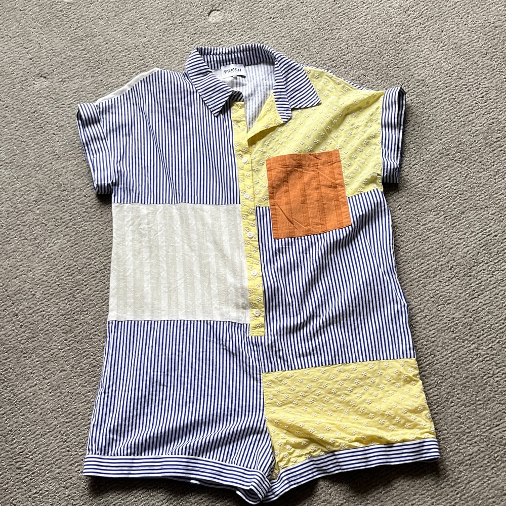 FRNCH womens Colorblock Button-Down Romper in Blue, Yellow & Orange